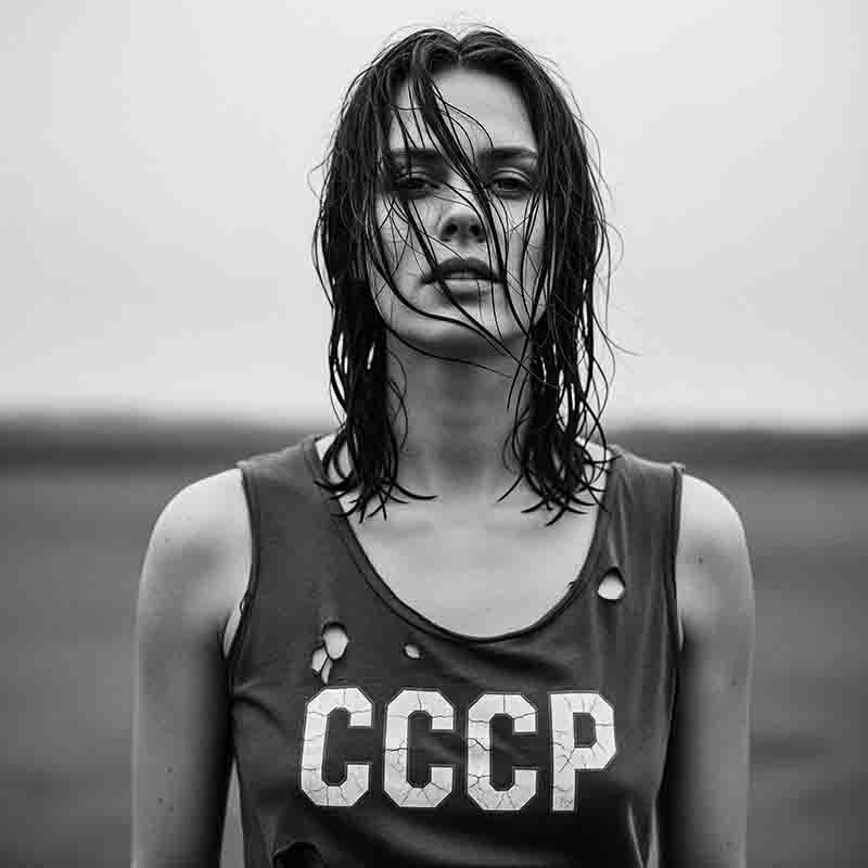A black and white, head-on, medium shot of a model wearing a distressed tank top with the letters CCCP printed on the chest.