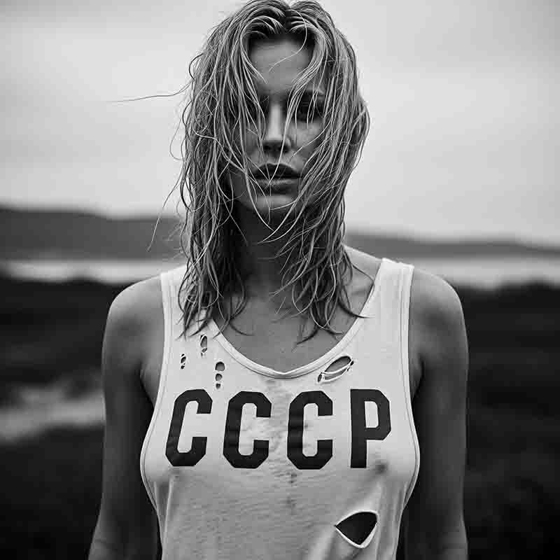 A black-and-white, medium-shot portrait of a woman with wet, windswept blonde hair covering her face. She is looking directly at the camera with a serious expression. She is wearing a distressed, white tank top with the bold, black lettering CCCP across the chest.