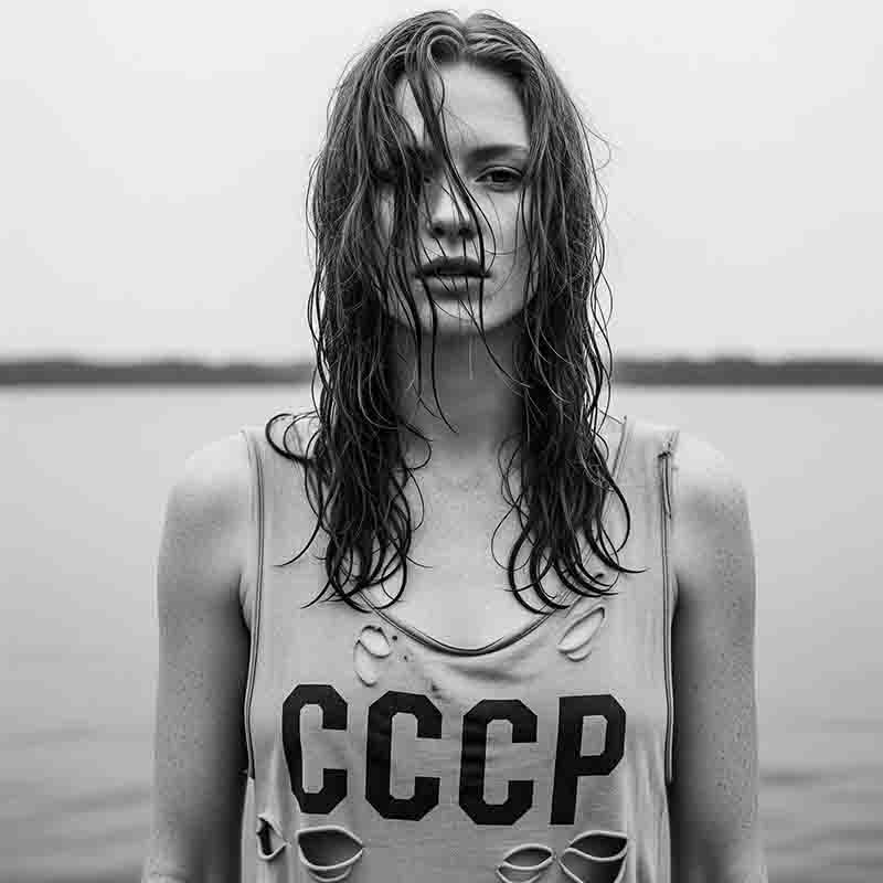 A black-and-white photo with a medium shot of a woman with wet hair blowing in the wind, looking into the camera. She is wearing a torn tank top with the letters CCCP printed on the front.