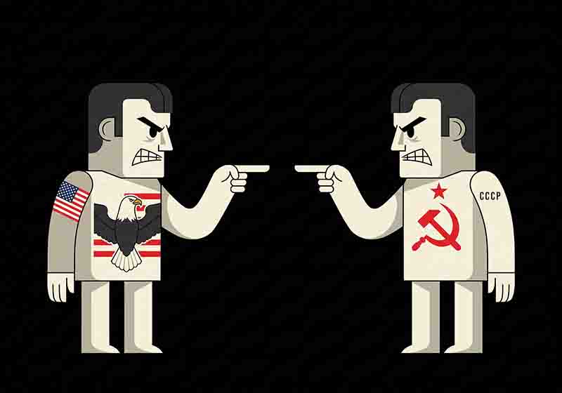 An illustration of two stylized, blocky humanoid figures facing each other against a solid black background, representing the tension of the Cold War.