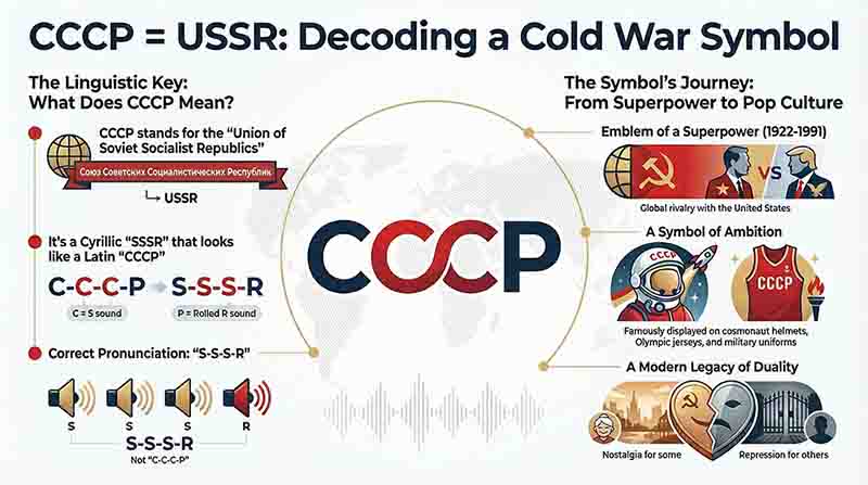 Infographic, titled 'CCCP = USSR: Decoding a Cold War Symbol,'' provides a linguistic and historical breakdown of the Soviet Union's famous acronym.