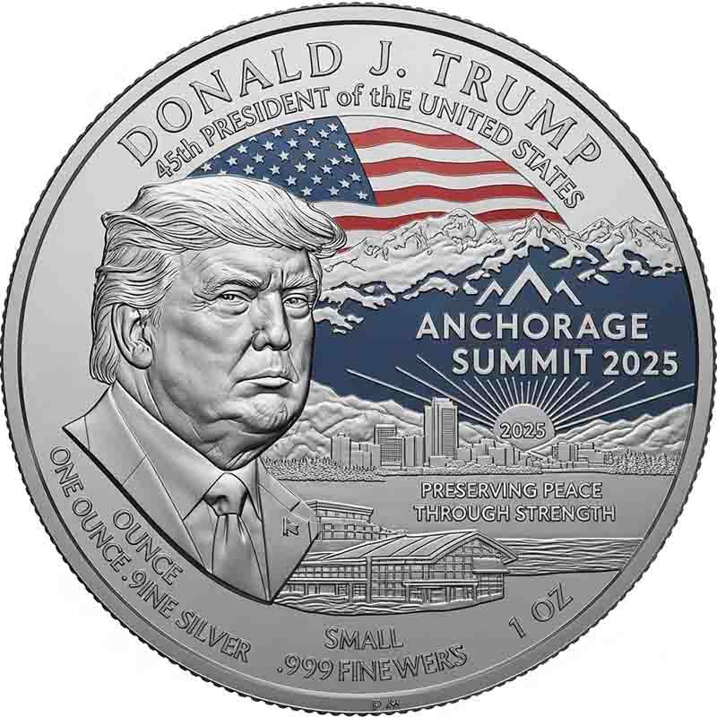 A commemorative silver coin or medallion for the 'ANCHORAGE SUMMIT 2025.' The coin features a detailed profile of Donald J. Trump on the left, with the text '45th PRESIDENT of the UNITED STATES' above him. The right side of the coin shows an American flag above a mountain range, with a cityscape below. The text 'ANCHORAGE SUMMIT 2025' and 'PRESERVING PEACE THROUGH STRENGTH' are also inscribed on the coin
