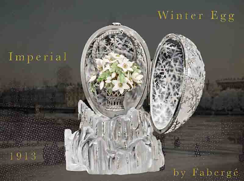 The Imperial Winter Egg by Fabergé, rock crystal carved to simulate ice, with a platinum and diamond flower basket surprise, created in 1913 for Tsar Nicholas II