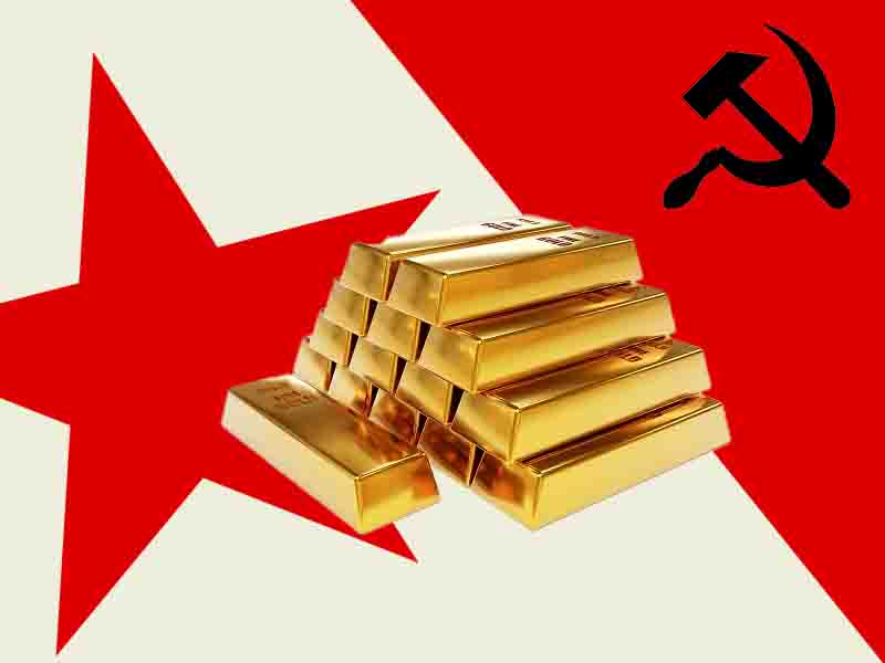 Graphic illustration featuring a central pyramid of  gold bullion bars against a solid cream-colored background. In the upper-right corner, a sharp diagonal red section contains a gold hammer and sickle emblem. On the far left red star