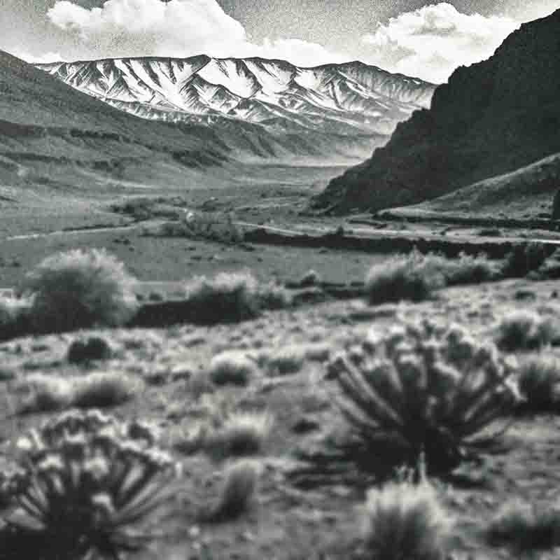 A black and white photograph showcasing a vast landscape with mountains of armenia in the background.