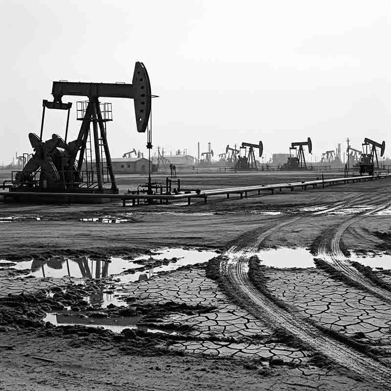 A black and white, wide-angle shot captures an oil field dominated by numerous pumpjacks.