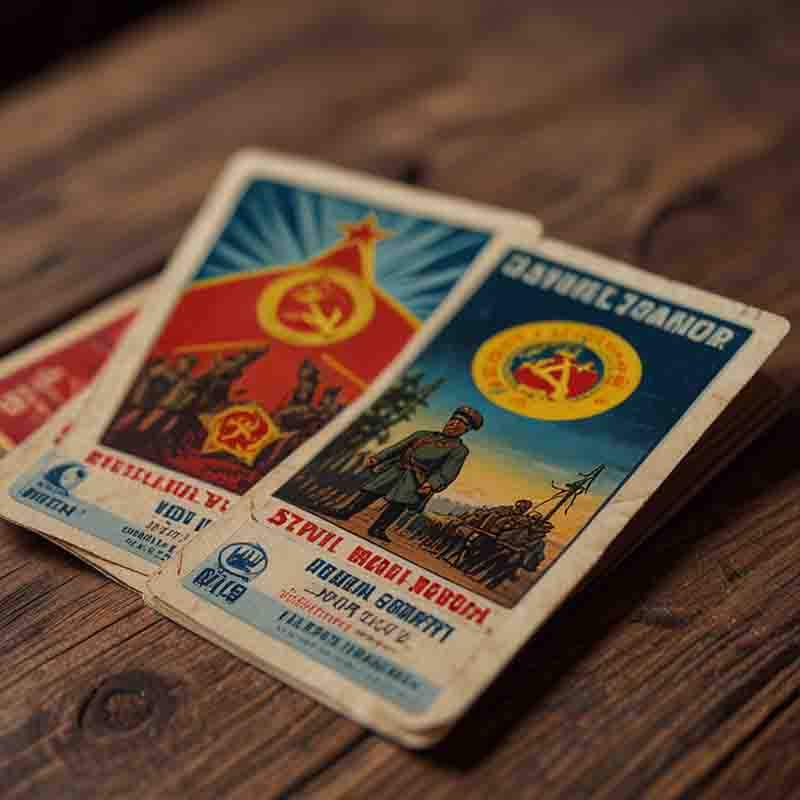 A collection of Soviet Union trading cards displayed on a rustic wooden table, showcasing historical imagery and designs.