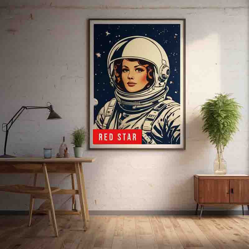 A red star Soviet Union cool poster is displayed prominently on the wall of a room, adding a vibrant touch to the interior decor.