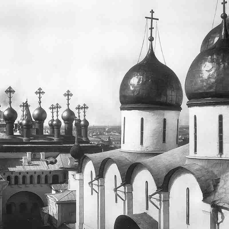 Russophobia: The irrational fear of Russia Black and white image that captures a close-up, high-angle view of the onion-shaped domes and upper sections of the Russian Orthodox cathedral, in Moscow