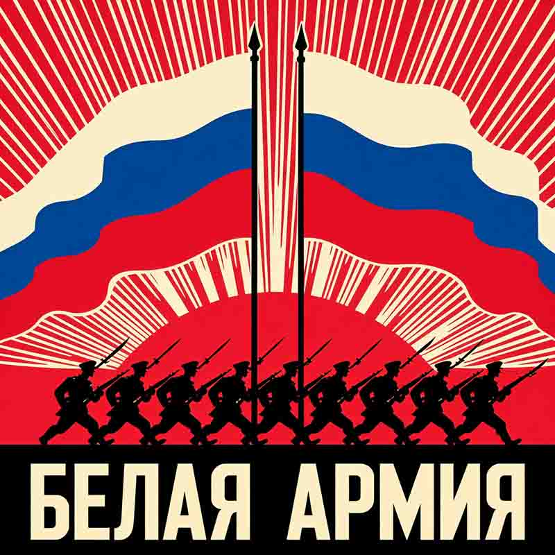 A graphic propaganda poster features two mirrored Russian tricolor flags waving over a line of silhouetted soldiers marching with bayonets. A bold red sunburst with fine cream-colored rays dominates the upper background. At the bottom, stark cream-colored Cyrillic text on a solid black ground reads: БЕЛАЯ АРМИЯ.