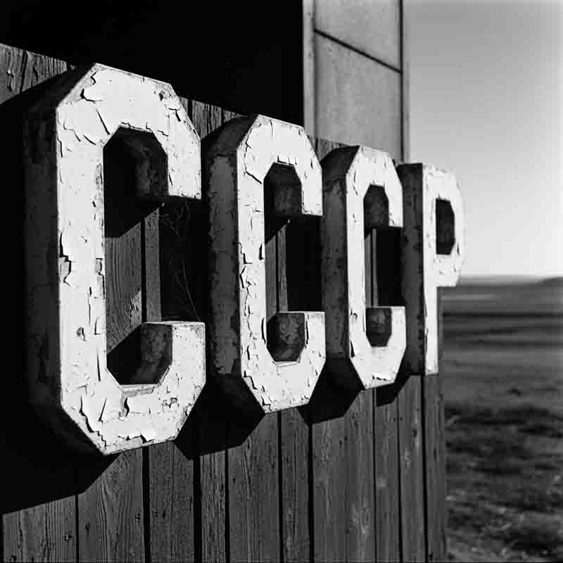 A black-and-white photograph shows a large, weathered sign with the Cyrillic acronym for the USSR or Soviet Union in a bold, blocky font. The letters are made of a three-dimensional material, possibly metal or wood, with a thick layer of white paint that is heavily chipped and peeling, revealing a darker color underneath.