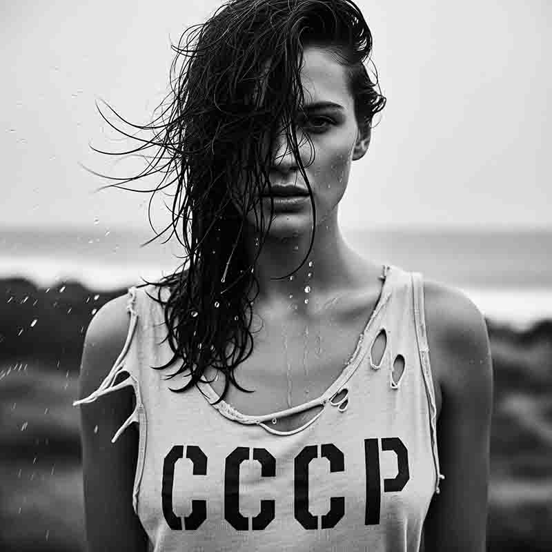 A black-and-white, medium-shot portrait shows a woman with dark, wet hair that is windswept across her face. She is looking directly at the camera, with water droplets visible on her skin and hair. She is wearing a distressed, light-colored tank top with the bold, white lettering CCCP across the chest.
