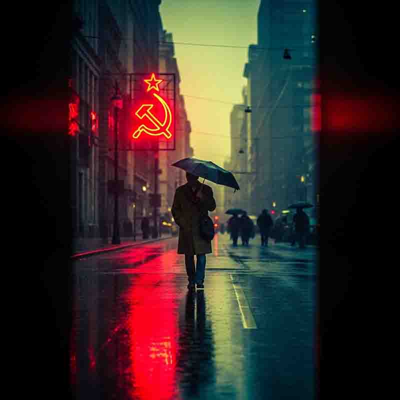 A solitary figure walks through a rain-drenched urban landscape, illuminated by the unmistakable crimson glow of the hammer and sickle. This symbol represented the USSR (Union of Soviet Socialist Republics), a transcontinental state that existed from 1922 to 1991.