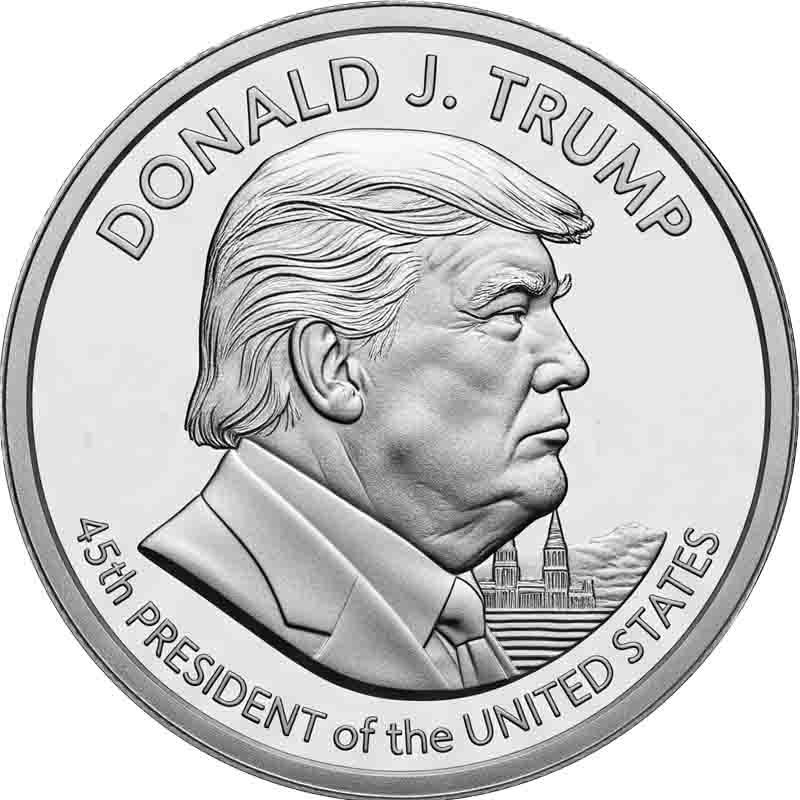 A close-up image of the obverse side of a silver-colored commemorative coin. It features a profile portrait of Donald J. Trump facing right, depicted from the chest up in a suit and tie. Engraved along the top curve of the coin are the words 'DONALD J. TRUMP,' and around the bottom half are the words '45th PRESIDENT of the UNITED STATES.' A subtle engraving of a cityscape, possibly showing a Washington D.C. monument, is visible behind his neck.