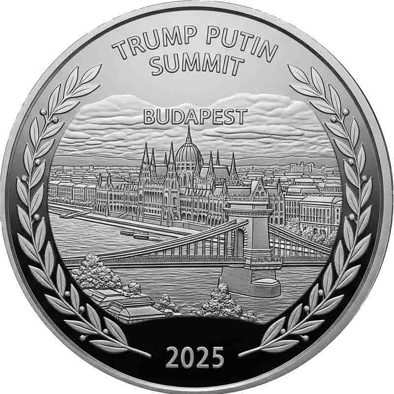 
                A detailed image of the reverse side of a silver-colored commemorative coin. The design features an engraved cityscape of Budapest, dominated by the Gothic Revival architecture of the Hungarian Parliament Building and the Chain Bridge spanning the Danube River. The scene is framed by a wreath of laurel leaves. Inscribed at the top, in three lines, are the words: 'TRUMP PUTIN SUMMIT' and 'BUDAPEST.' The year '2025' is centered at the bottom.