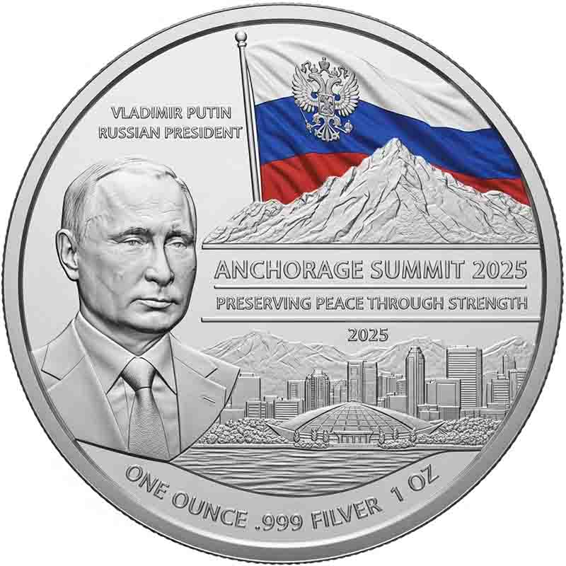 A commemorative silver coin or medallion featuring a likeness of Vladimir Putin, identified as 'VLADIMIR PUTIN RUSSIAN PRESIDENT'. The coin's design includes a bust of Vladimir Putin on the left side and a scene on the right with a large, waving Russian flag above a mountain range. The skyline of a city is shown below the mountains, and text reads 'ANCHORAGE SUMMIT 2025' and 'PRESERVING PEACE THROUGH STRENGTH'.