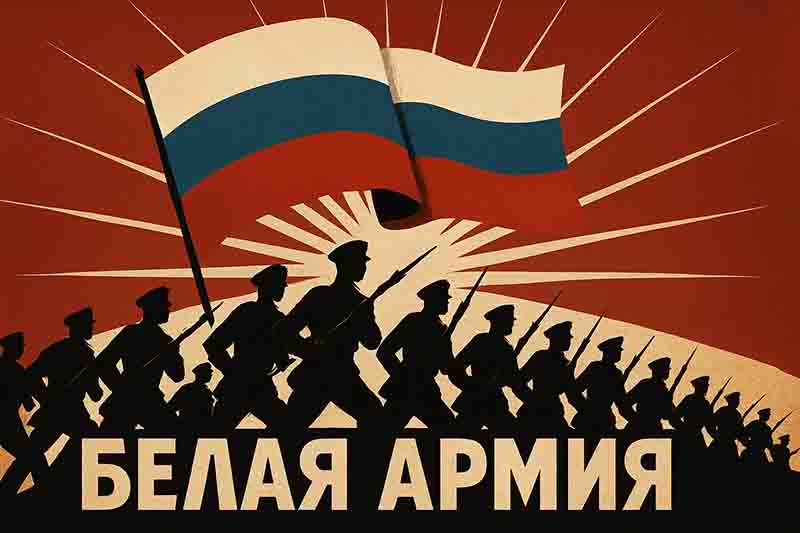 A vintage-style propaganda poster features a waving Russian tricolor flag against a red background with radiating sunbeams. Below, a silhouette of soldiers with rifles marches forward. Bold, cream-colored Cyrillic text at the bottom reads: БЕЛАЯ АРМИЯ (White Army).