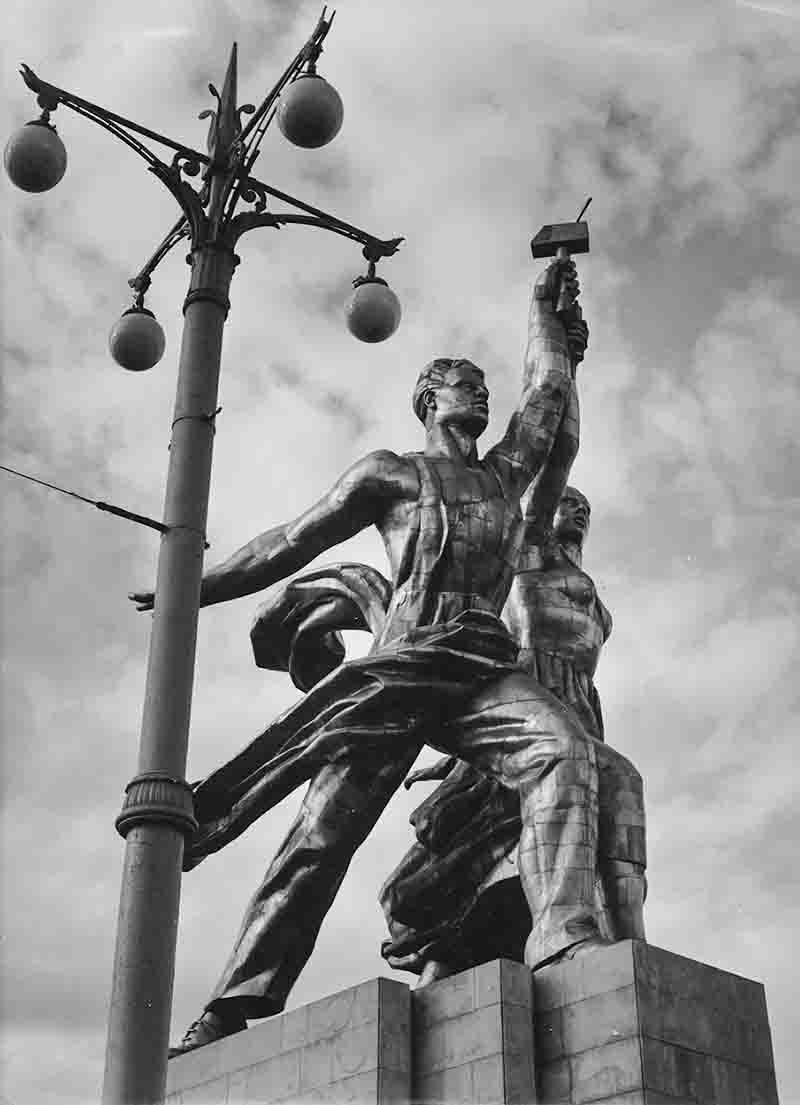 A black and white image depicting the soviet realism statue Worker and Kolkhoz woman, showcasing intricate details and a timeless aesthetic.